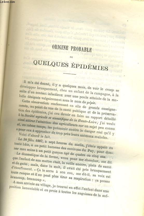 ORIGINE PROBABLE DE QUELQUES EPIDEMIES / RAPPORT SUR LES INOCULATIONS PREVENTIVES