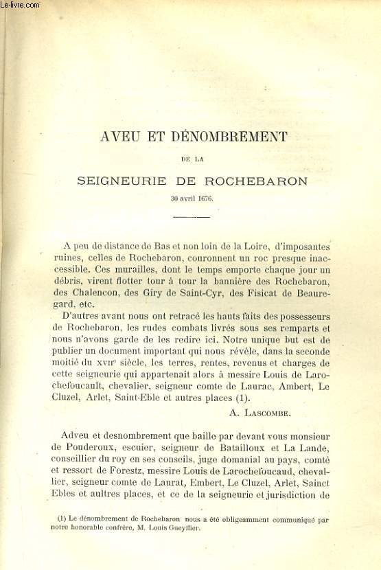 AVEU ET DENOMBREMENT DE LA SEIGNEURIE DE ROCHEBARON, 30 avril 1676 / ENQUETE SUR LA MALADIE DES VEAUX