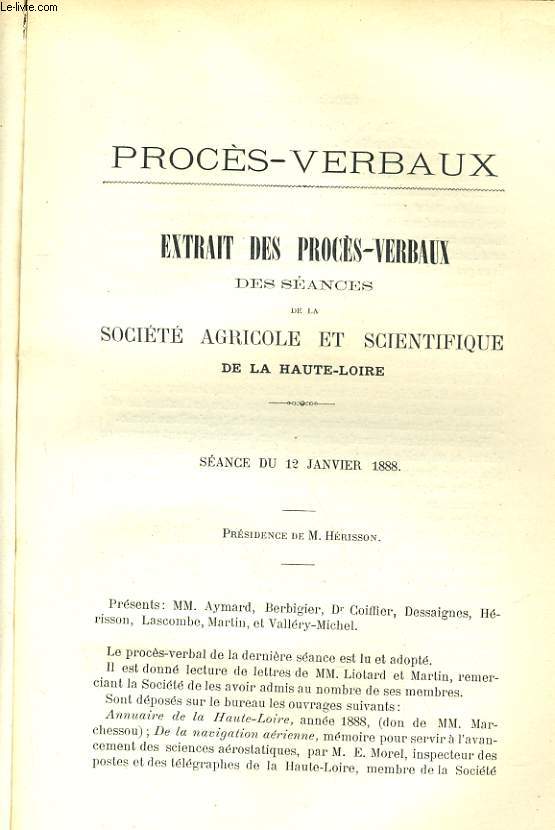EXTRAIT DES PROCES-VERBAUX DES SEANCES DE LA SOCIETE AGRICOLE ET SCIENTIFIQUE DE LA HAUTE-LOIRE