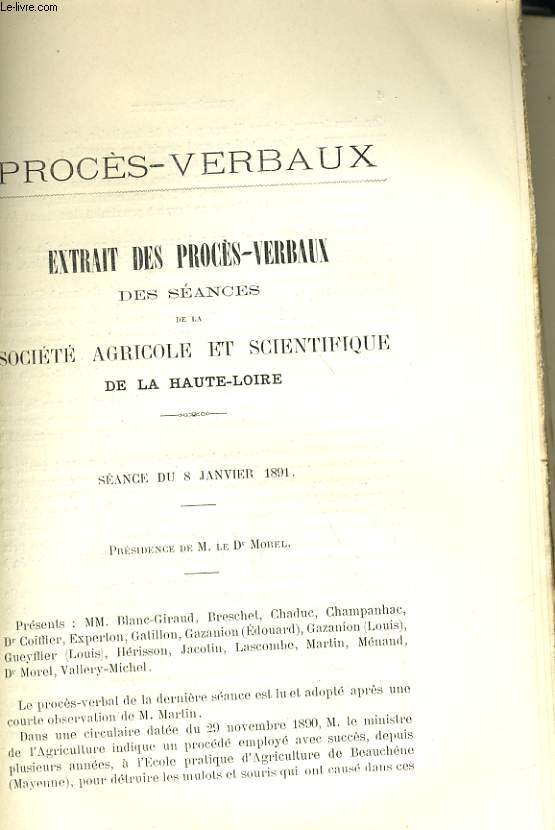 EXTRAIT DES PROCES-VERBAUX DES SEANCES DE LA SOCIETE AGRICOLE ET SCIENTIFIQUE DE LA HAUTE-LOIRE