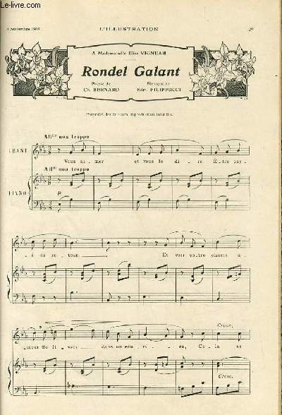 L'ILLUSTRATION du 8 septembre 1908 - A Mademoiselle Elise Vigneau - RONDEL GALANT - Poesie de CH. BERNARD et musique de EDM. FILIPPUCCI.