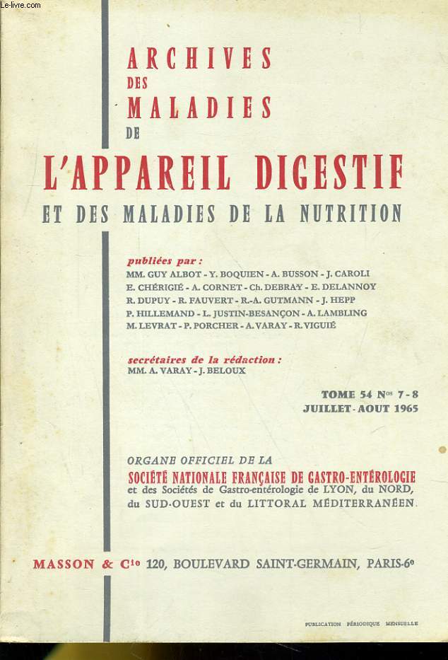 ARCHIVES DES MALADIES DE L'APPAREIL DIGESTIF ET DES MALADIES DE LA NUTRITION - TOME 54 N7-4