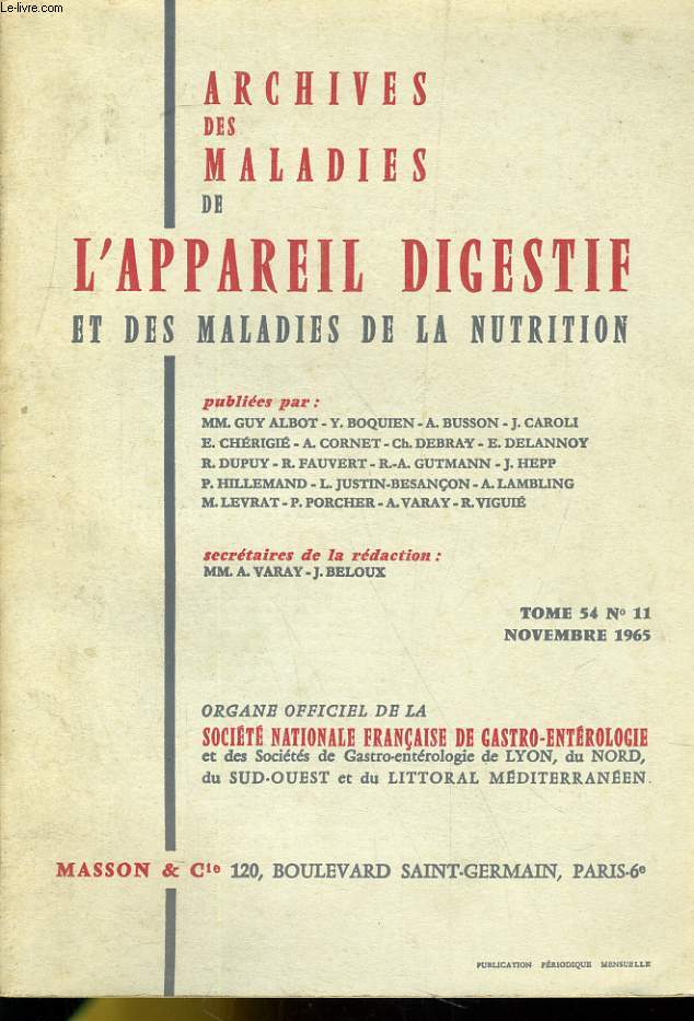ARCHIVES DES MALADIES DE L'APPAREIL DIGESTIF ET DES MALADIES DE LA NUTRITION - TOME 54 N11