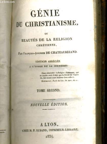 GENIE DU CHRISTIANISME ou BEAUTES DE LA RELIGION CHRETIENNE - EDITION ABREGEE