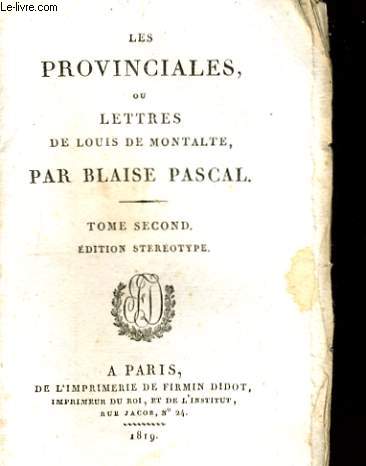 LES PROVINCIALES, OU LETTRES DE LOUIS DE MONTALTE - TOME SECOND