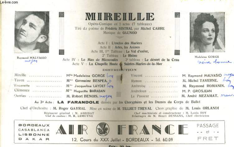 GRAND-THEATRE, PROGRAMME OFFICIEL DU 19 DECEMBRE 1948. MIRELLE, opra-comique en 5 actes (7 tableaux).