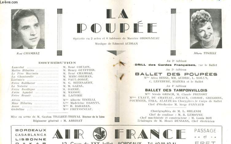 GRAND-THEATRE, PROGRAMME OFFICIEL DU MERCREDI 2 MARS 1949. LA POUPEE, oprette en 2 actes et 6 tableaux de maurice Ordonneau.