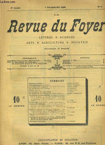 LA REVUE DU FOYER. LETTRES, SCIENCES, ARTS, AGRICULTURE, INDUSTRIE. 2e annee N 6. MIRABEAU INTIME, L'ENVAHISSEMENT DE L'ARGOT, LES LOISIRS D'UN EMPEREUR, LE PHOSPHORE DES ALLUMETTES, L'ESCLAVAGE, LA NAVIGATION SOUS MARIE...