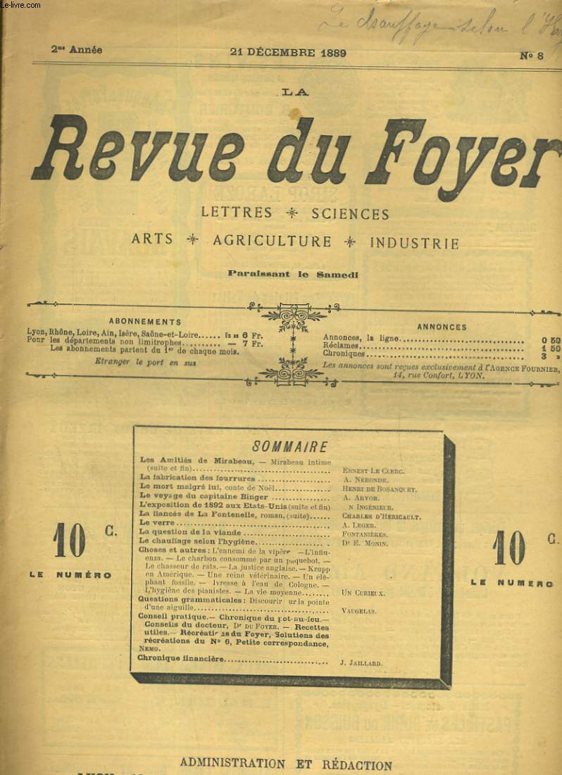 LA REVUE DU FOYER. LETTRES, SCIENCES, ARTS, AGRICULTURE, INDUSTRIE. 2e annee N 8. LES AMITIES DE MIRABEAU, LA FABRICATION DES FOURRURES, LE VOYAGE DU CAPITAINE BINGER, L'EXPOSITION DE 1892 AUX ETATS-UNIS, LA QUESTION DE LA VIANDE...