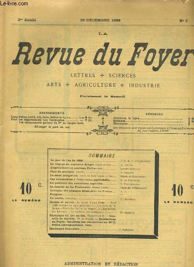 LA REVUE DU FOYER. LETTRES, SCIENCES, ARTS, AGRICULTURE, INDUSTRIE. 2e annee N 9. LE JOUR DE L'AN DE 1890, L'AGRICULTEUR AU NOUVEAU PARLEMENT, LES LOCOMOTIVES A L'EXPOSITION UNIVERSELLE, INVASION DES POMMES ETRANGERES EN FRANCE...