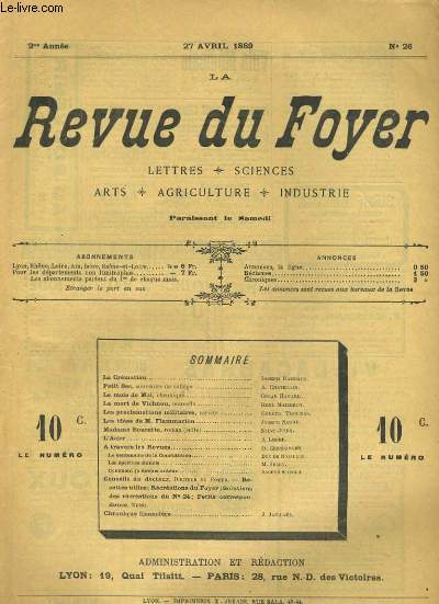 LA REVUE DU FOYER. LETTRES, SCIENCES, ARTS, AGRICULTURE, INDUSTRIE. 2e annee N 26. LA MORT DE VICHNOU, LES IDEES DE M. FLAMMARION, L'ACIER...