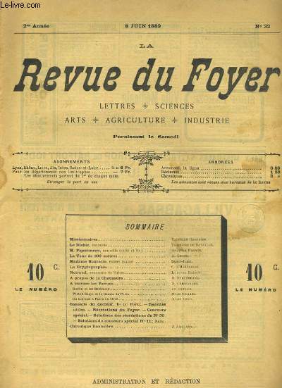 LA REVUE DU FOYER. LETTRES, SCIENCES, ARTS, AGRICULTURE, INDUSTRIE. 2e annee N 32. M. PIGEONNEAU (SUITE ET FIN), LA CRYPTOGRAPHIEn LA TOUR DE 300 METRES...