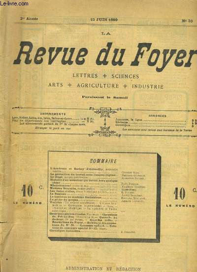 LA REVUE DU FOYER. LETTRES, SCIENCES, ARTS, AGRICULTURE, INDUSTRIE. 2e annee N 33. LE BOULEAU, LA PROTECTION DU RAVAIL SOUS L'ANCIEN REGIME, LE SINGE D'ALPHONSE DAUDET...