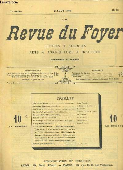 LA REVUE DU FOYER. LETTRES, SCIENCES, ARTS, AGRICULTURE, INDUSTRIE. 2e annee N 40. LE CHAH DE PERSE, LE COCHER PLANTEAU, SCENES DE LA VIE BALNEAIRE, L'ANGINE DES TUMEURS...