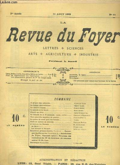 LA REVUE DU FOYER. LETTRES, SCIENCES, ARTS, AGRICULTURE, INDUSTRIE. 2e annee N 44. LA CHAUVE-SOURIS, L'ART DE METTRE SA CRAVATE, LA PEINE DE MORT PAR L'ELECTRICITE, LES COUVENTS DE THESSALIE...