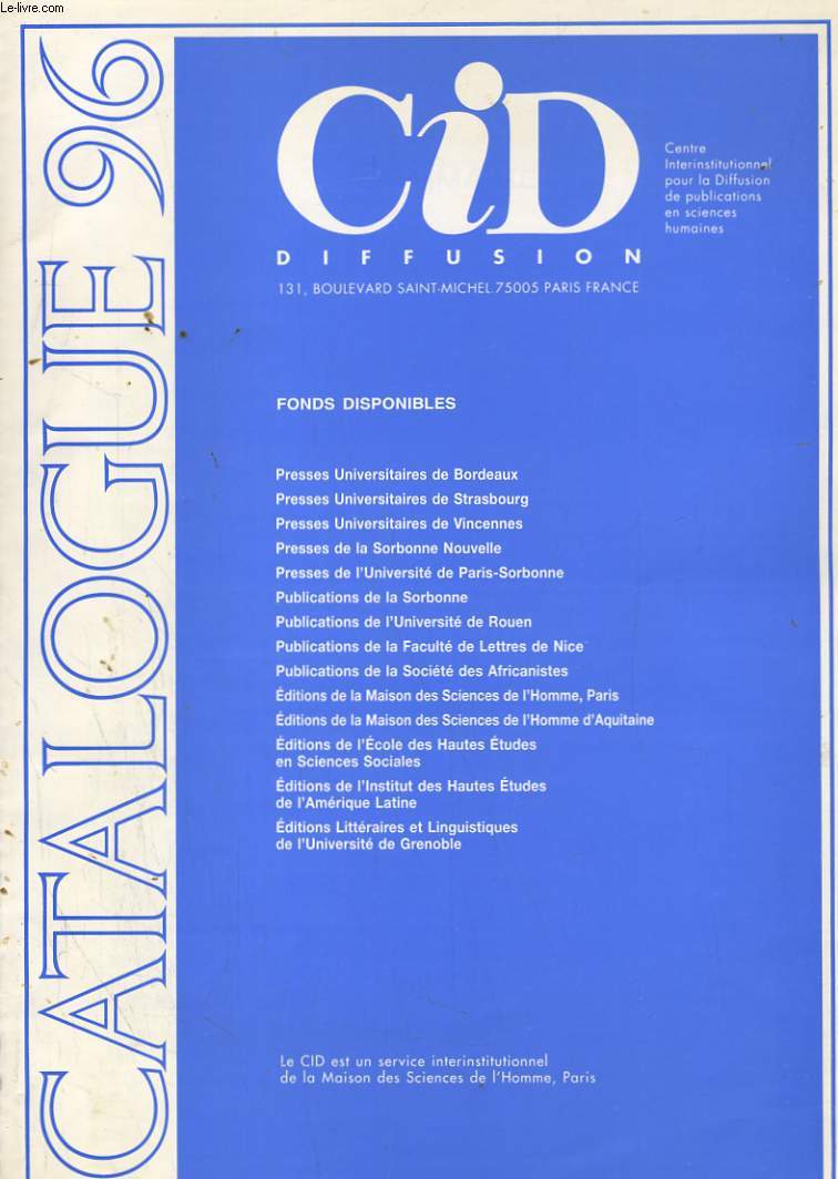 CENTRE INTERINSTITUTIONNEL POUR LA DIFFUSION DE PUBLICATIONS EN SCIENCES HUMAINES. CATALOGUE 96
