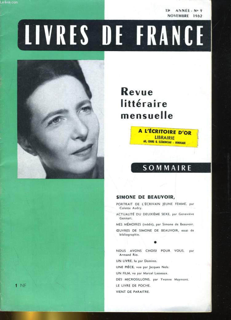 LIVRES DE FRANCE 13e ANNEE N9. LIVRES DE FRANCE. SIMONE DE BEAUVOIR.