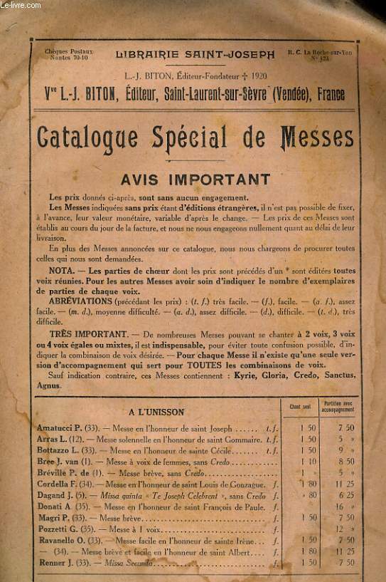 CATALOGUE DE CHANTS SPECIAL DE MESSE