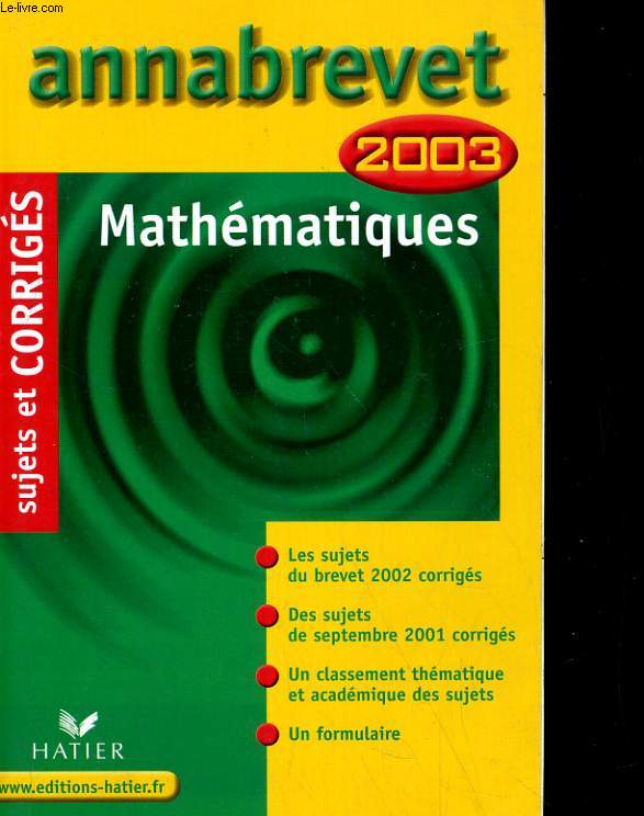 ANNABREVET 2003 CORRIGES MATHEMATIQUES