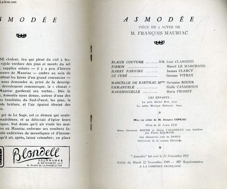 PROGRAMME DE LA COMEDIE FRANCAISE, SALLE LUXEMBOURG. ASMODEE, PIECE EN 5 ACTES DE M. FRANCOIS MAURIAC