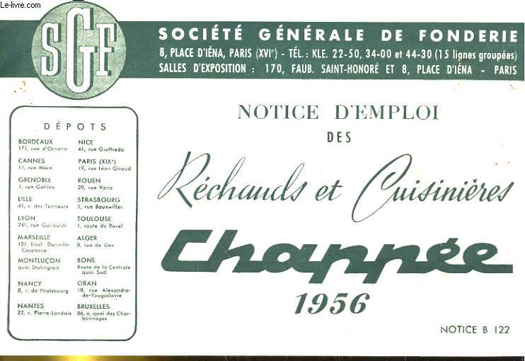NOTICE D'EMPLOI DES RECHAUDS ET CUISINIERES CHAPPEE 1956. NOTICE B 122