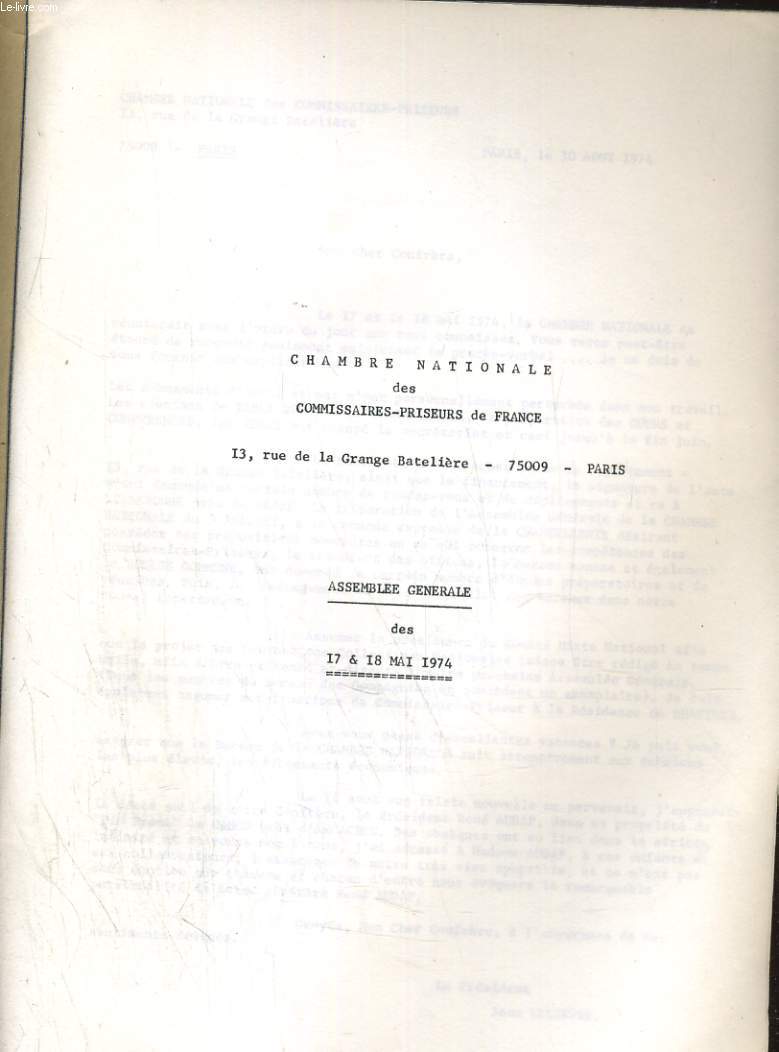 CHAMBRE NATIONALE DES COMMISSAIRES-PRISUERS DE FRANCE. ASSEMBLEE GENERALE DES 17 & 18 MAI 1974