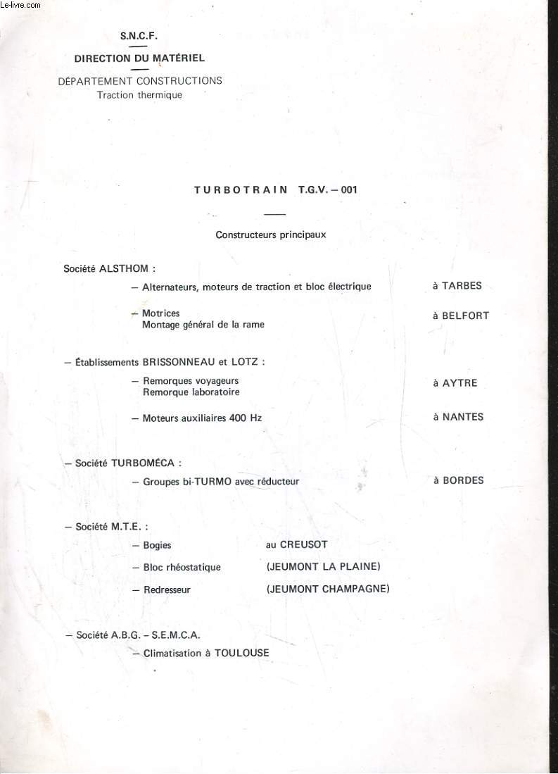 RAPPORT S.N.C.F. TURBOTRAIN T.G.V. DIRECTION DU MATERIEL. DEPARTMEMENT CONSTRUCTION TRACTION THERMIQUE