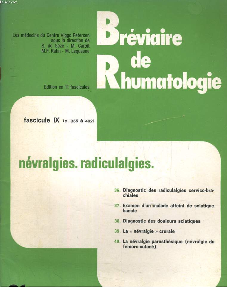 BREVIAIRE DE RHUMATOLOGIE FASCICULE IX: NEVRALGIES, RADICULALGIES