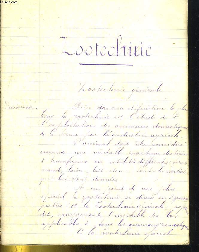CAHIER MANUSCRIT DE COURS DE ZOOTECHNIE, FABRICATION DU FROMAGE, SCIENCES ET AGRICULTURE...