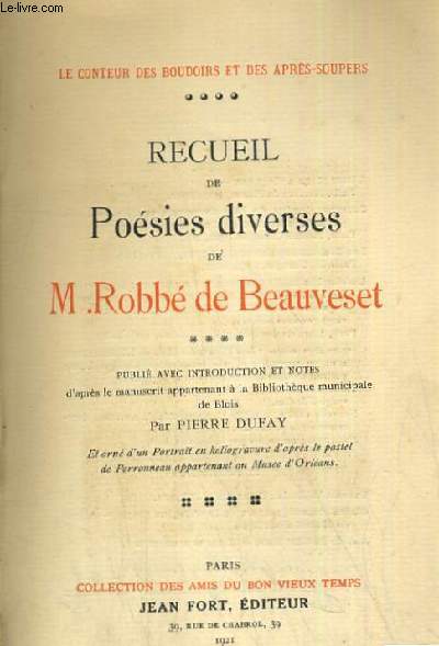 RECUEIL DE POESIES DIVERSES DE M ROBBE DE BEAUVESET