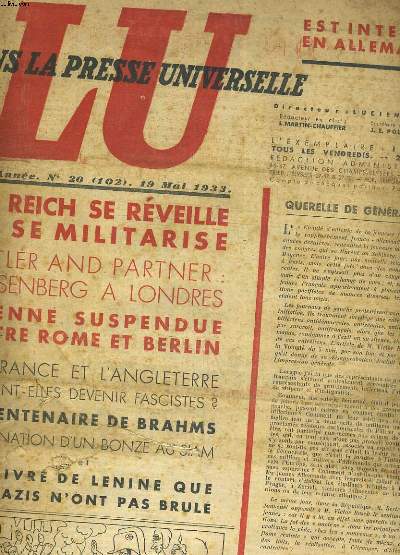 LU DANS LA PRESSE UNIVERSELLE N 20 DU 19 MAI 1933, 3e ANNEE. LE REICH SE REVEILLE ET SE MILITARISE. HITLER AND PARTNER : ROSENBERG A LONDRES. VIENNE SUSPENDU ENTRE ROME ET BERLIN. LA FRANCE ET L'ANGLETERRE PEUVENT-ELLE DEVENIR FASCISTE? ...