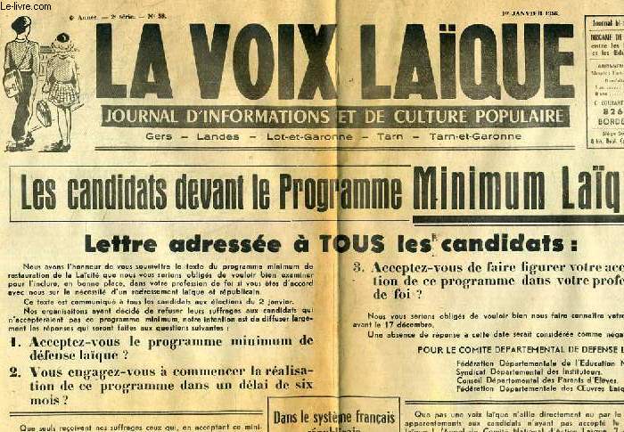 LA VOIX LAIQUE, JOURNAL D'INFORMATION ET DE CULTURE POPULAIRE, 6e ANNEE, 2e SERIE, N 58, JAN. 1956