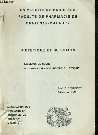 TABLEAU DE COURS 5 ANNEE PHARMACIE GENERALE - OFFICINE - DIETETIQUE ET NUTRITION - UNIVERSITE DE PARIS-SUD - DEC. 1996.