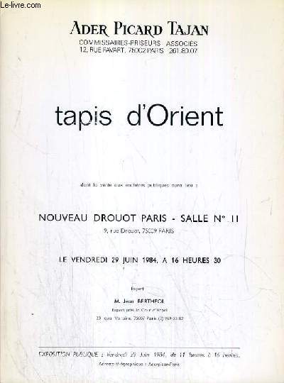 CATALOGUE DE VENTE AUX ENCHERES - NOUVEAU DROUOT - TAPIS D'ORIENT - SALLE 11 - 29 JUIN 1984.