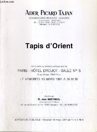 CATALOGUE DE VENTE AUX ENCHERES - HOTEL DROUOT - TAPIS D'ORIENT - SALLE 5 - 15 MARS 1991.