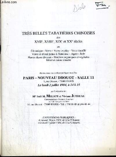 CATALOGUE DE VENTE AUX ENCHERES - NOUVEAU DROUOT - TRES BELLES TABATIERES CHINOISES DES XVIIe, XVIIIe, XIXe et XXe SIECLES EN CERAMIQUE, VERRE, VERRE OVERLAY ETC... - SALLE 11 - 2 JUILLET 1984.