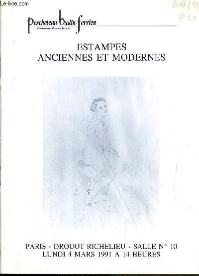 CATALOGUE DE VENTE AUX ENCHERES - DROUOT RICHELIEU - ESTAMPES - ANCIENNES ET MODERNES - SALLE 10 - 4 MARS 1991.