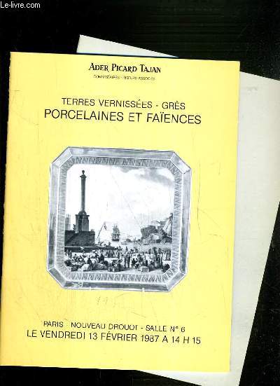 LOT DE 2 CATALOGUES DE VENTE AUX ENCHERES - NOUVEAU DROUOT - TERRES VERNISSEES - GRES - PROCELAINES ET FAIENCES - 13 FEVRIER et 7 JUILLET 1987.