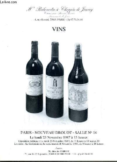 CATALOGUE DE VENTE AUX ENCHERES - NOUVEAU DROUOT - VINS - SALLE 14 - 23 NOVEMBRE 1987.