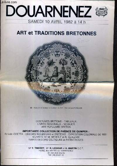 CATALOGUE DE VENTE AUX ENCHERES - DOUARNENEZ - ART ET TRADITIONS BRETONNES - 10 AVRIL 1982.