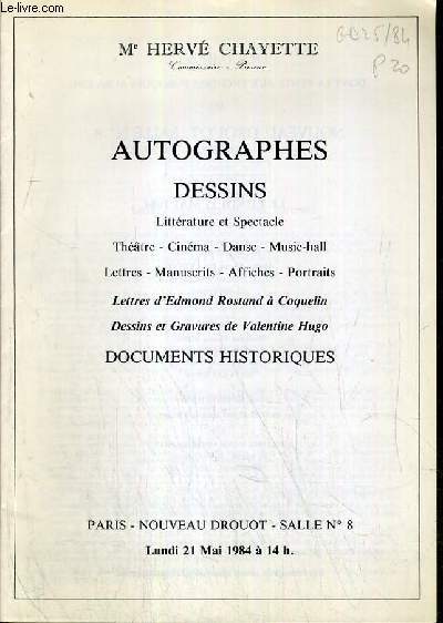 CATALOGUE DE VENTE AUX ENCHERES - NOUVEAU DROUOT - AUTOGRAPHES - DESSINS - LITTERATURE ET SPECTACLE - THEATRE - CINEMA - DANSE - MUSIC-HALL - SALLE 8 - 21 MAI 1984.