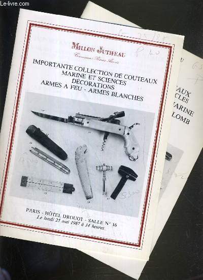 LOT DE 2 CATALOGUES DE VENTE AUX ENCHERES - DROUOT - IMPORTANTE COLLECTION DE COUTEAUX - MARINE ET SCIENCES - DECORATIONS - ARMES A FEU - ARMES BLANCHES - SALLE 16 - 25 MAI - 17 DEC. 1987.