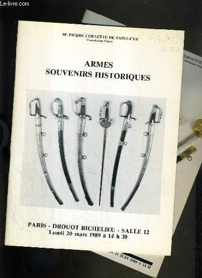 LOT DE 2 CATALOGUES DE VENTE AUX ENCHERES - DROUOT RICHELIEU - ARMES - SOUVENIRS HISTORIQUES - 20 MARS - 21 JUIN 1989.