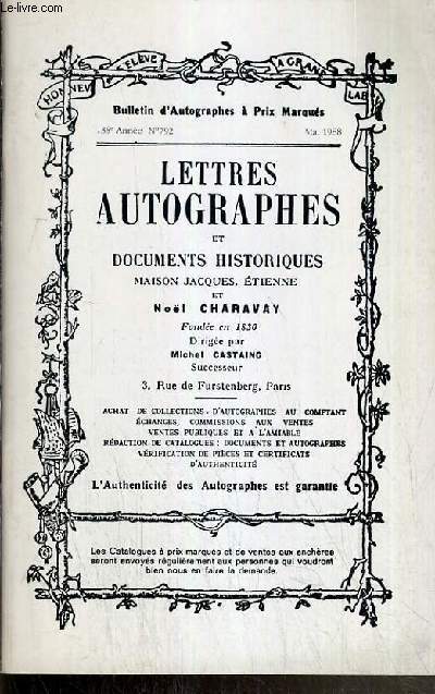 CATALOGUES DE VENTES AUX ENCHERES - BULLETIN D'AUTOGRAPHES A PRIX MARQUES - N792 - MAI 1988 - LETTRES AUTOGRAPHES ET DOCUMENTS HISTORIQUES.
