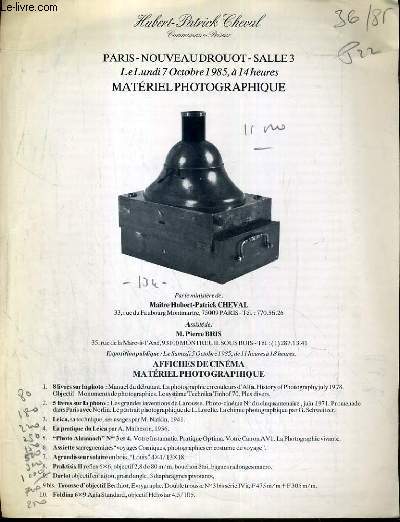 CATALOGUES DE VENTE AUX ENCHERES - NOUVEAU DROUOT - MATERIEL PHOTOGRAPHIQUE - SALLE 3 - 7 OCTOBRE 1985.