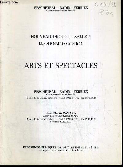 CATALOGUE DE VENTE AUX ENCHERES - NOUVEAU DROUOT - ARTS ET SPECTACLES - SALLE 4 - 9 MAI 1988.