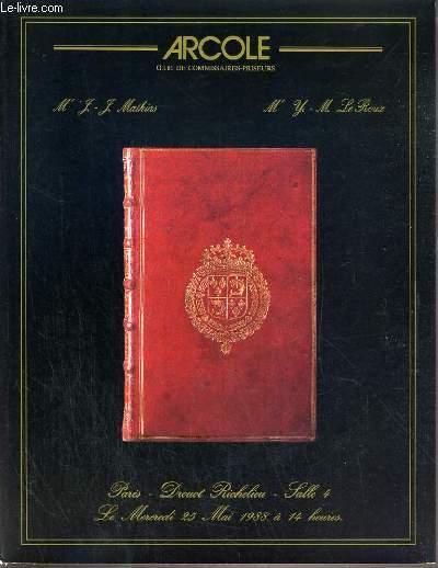 CATALOGUE DE VENTE AUX ENCHERES - DROUOT RICHELIEU - BEAUX LIVRES DE TOUTES EPOQUES - SALLE 4 - 25 MAI 1988.