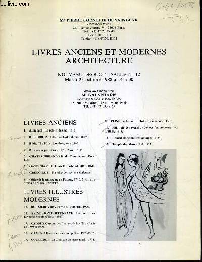 CATALOGUE DE VENTE AUX ENCHERES - NOUVEAU DROUOT - LIVRES ANCIENS ET MODERNES - ARCHITECTURE - SALLE 12 - 25 OCTOBRE 1988.