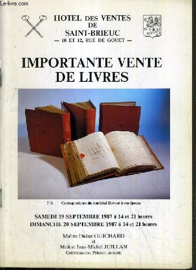CATALOGUE DE VENTE AUX ENCHERES - SAINT-BRIEUC - IMPORTANTE VENTE DE LIVRES - 19 et 20 SEPTEMBRE 1987.