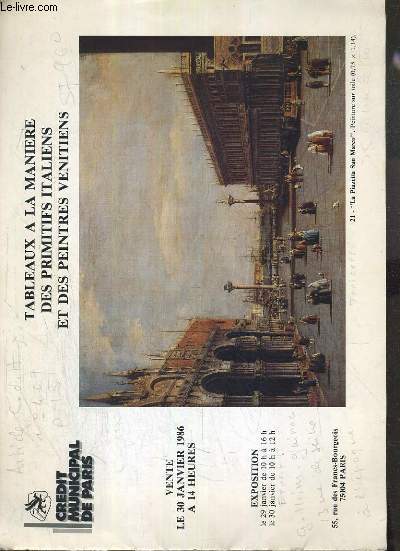 CATALOGUE DE VENTE AUX ENCHERES - TABLEAUX A LA MANIERE DES PRIMITIFS ITALIENS ET DES PEINTRES VENITIENS - 30 JANVIER 1986.